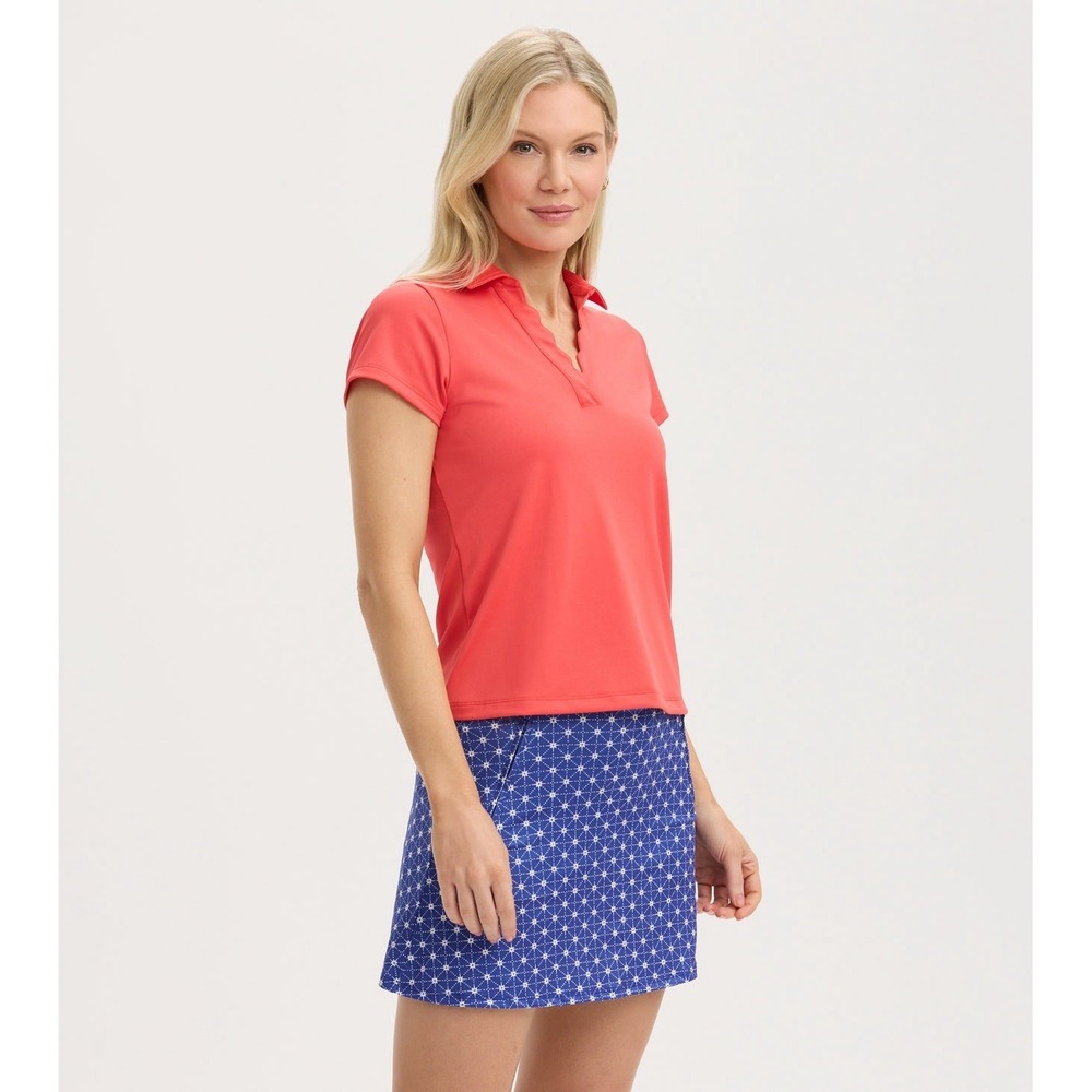 Renwick Scalloped Placket Polo Shirt Womens Large Pink Short Sleeve Golf Stretch